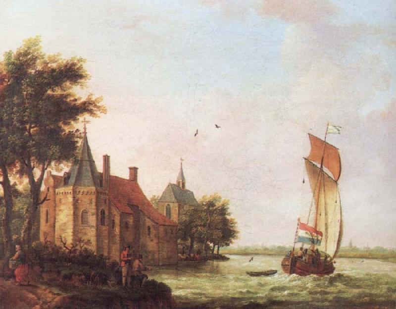  A wooded river landscape in Hoolland with a Dutch hooder under sail in a brisk wind